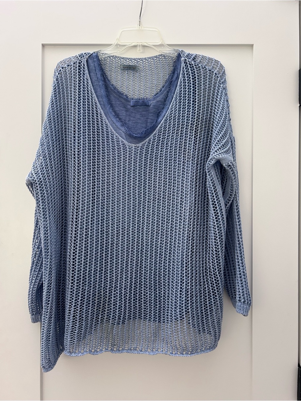 Light Blue Open-Knit V-Neck Women's Sweater